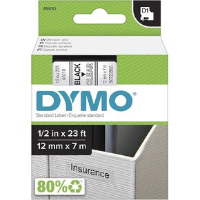 DYMO Standard D1 40910 Labeling Tape (Black Print on Clear Tape, 3/8'' W x 23' L, 1 Cartridge), DYMO Authentic