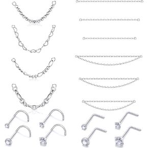 Oicctyzio Nose Rings Chain Studs Piercings Jewelry 22/20/18G for Women Men Surgical Steel Double Chains Corkscrew l Shaped Bar Hypoallergenic