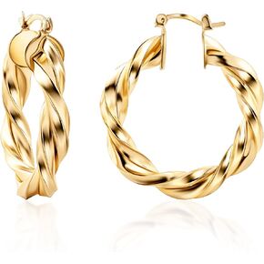 Barzel 18 Gold Plated Twisted Hoop Earrings Intertwinend Earrings, 5 mm Thick x 40 mm Length, Gold Tone Hoop Earrings High Polish Finish, Made in Brazil