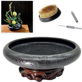 Japanese Ikebana Vase Kit, Ceramics Flower Pot Flower Shallow Container Flowerware with 2inch Flower Frog, 4inch Vase Base and Flower Arrangement Kenzan Needle Straightening Tool