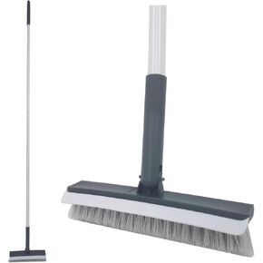 Push Broom Pet Hair Removal Broom with Squeegee,Soft Silicone Bristle Broom with Long Handle, Non Scratch Carpet Sweeper Brush for Cat/Dog Hair Hardwood Tile Windows(Green)