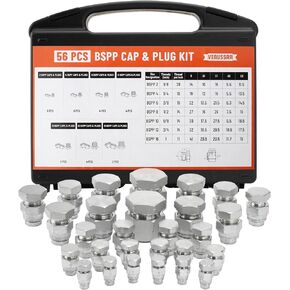 Venussar 56 Pcs BSPP Cap and Plug Kit, Hydraulic Cap and Plug Kit with Precision Threading, Galvanized Steel Hydraulic Fitting Adapter Kit, Dash Sizes 02/04/06/08/10/12/16