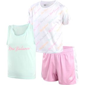 New Balance Girls' Active Shorts Set - 3 Piece Performance T-Shirt, Tank Top, and Gym Shorts - Summer Outfit for Girls (7-12)