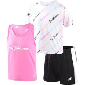 New Balance Girls' Active Shorts Set - 3 Piece Performance T-Shirt, Tank Top, and Gym Shorts - Summer Outfit for Girls (7-12)