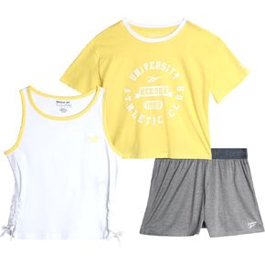 Reebok Girls' Active Shorts Set - 3 Piece Short Sleeve T-Shirt, Tank Top, Gym Shorts - Casual Athleisure Set for Girls (7-12)