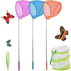 SEISSO Telescopic Butterfly Nets for Kids 3 Packs, Outdoor Explorer Catching Kits Including Catching Nets/Insect Mesh Cage/Tweezer,Great for Catching Insects Bugs Fishing, Extendable 34 inch