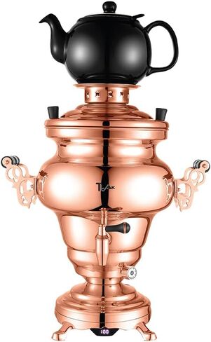 TtAk HOUSEWARE الكهربائية المصنوعة من الفولاذ المقاوم للصدأ بتصميم نحاسي ساموفار - غلاية شاي بتصميم عصري ممتاز وإبريق شاي بورسلين للحماية من الحرارة الزائدة (1.2 لتر) كبير من الفولاذ المقاوم للصدأ (5 +1 لتر) (نحاس) in Kuwait