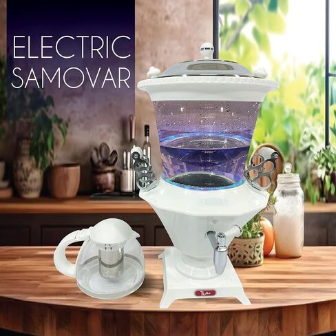 TtAk HOUSEWARE زجاج كهربائي ساموفار - ماكينة صنع الشاي، غلاية مياه ذات إغلاق تلقائي، تصميم حديث، حماية من الغليان والجفاف، إبريق شاي زجاجي بدرجة حرارة LED (1 لتر) غلاية كبيرة (3.2 لتر) (أبيض) in Kuwait