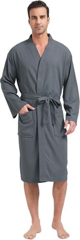 FashGudim Mens Lightweight Waffle Knit Robe Soft Kimono Spa Bathrobes Knee Length Summer Robes in Saudi Arabia