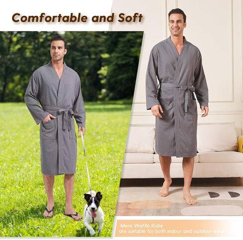 FashGudim Mens Lightweight Waffle Knit Robe Soft Kimono Spa Bathrobes Knee Length Summer Robes in Saudi Arabia