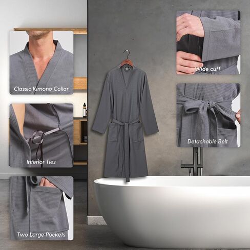 FashGudim Mens Lightweight Waffle Knit Robe Soft Kimono Spa Bathrobes Knee Length Summer Robes in Saudi Arabia