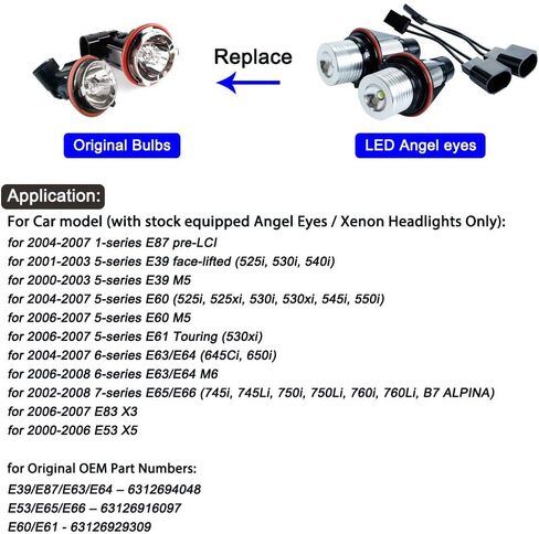 2Pcs 5W White LED Angel Eyes Halo Ring Marker lights Bulb Error Free Compatible with BMW 5 6 7 Series E39 E60 E63 E64 E65 E66 E83 M5 X3 X5 E53 in Saudi Arabia