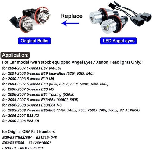 2Pcs 5W White LED Angel Eyes Halo Ring Marker lights Bulb Error Free Compatible with BMW 5 6 7 Series E39 E60 E63 E64 E65 E66 E83 M5 X3 X5 E53 in Saudi Arabia