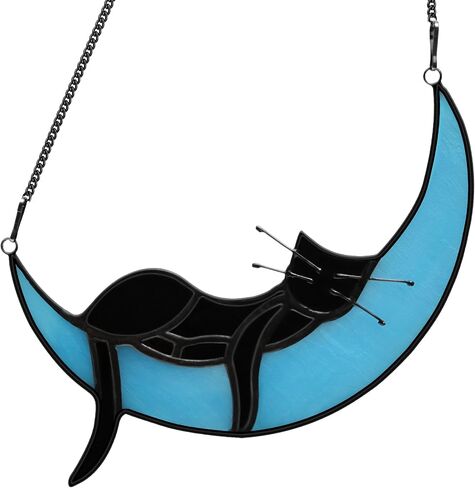 ADKYSL Black Cat on Moon Stained Glass Window Hanging Kit, Handcrafted Cat Suncatchers Decoration for Cat Lovers in Saudi Arabia