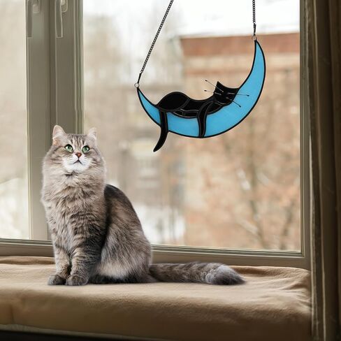 ADKYSL Black Cat on Moon Stained Glass Window Hanging Kit, Handcrafted Cat Suncatchers Decoration for Cat Lovers in Saudi Arabia