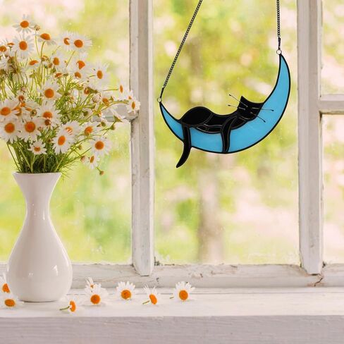 ADKYSL Black Cat on Moon Stained Glass Window Hanging Kit, Handcrafted Cat Suncatchers Decoration for Cat Lovers in Saudi Arabia