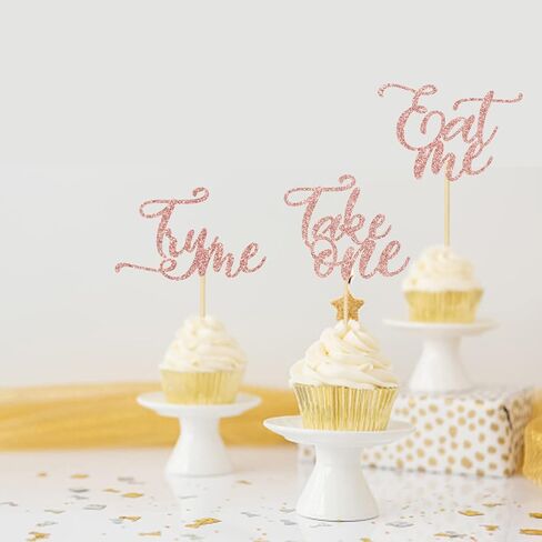 Eat Me Try Me Take One Cupcake Toppers، أليس في بلاد العجائب ديكورات الكيك لاستحمام الطفل، أطفال بنين بنات لوازم حفلات أعياد الميلاد الأولى باللون الذهبي الوردي 12 قطعة in Saudi Arabia