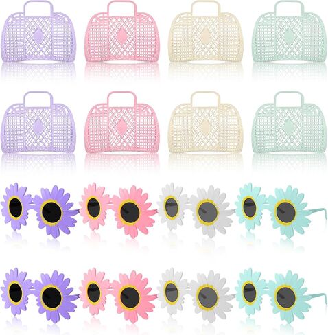 Augacage 8 Sets Jelly Purse Jelly Basket Beach Bags with Flower Sunglasses Plastic Summer Beach Jelly Bags Reusable Handbags for Women (Multicolor) in Kuwait