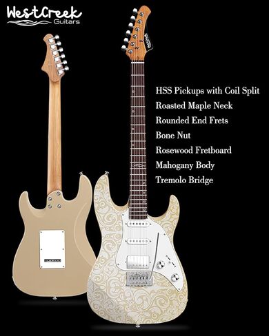 جيتار كهربائي ذو جسم صلب من WestCreek JX-20، التقاطات HSS مع ملف منفصل، رقبة خشب القيقب المحمص، حنق نهاية مستديرة، صواميل عظمية، لوحة فريتس من خشب الورد، جسم الماهوجني (أبيض فيكتوري) in Kuwait