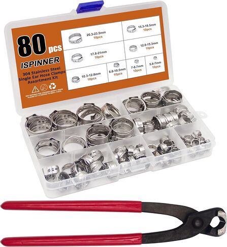 ISPINNER 80 قطعة من مشابك خرطوم الأذن الواحدة مع كماشة، 304 من الفولاذ المقاوم للصدأ 5.8-23.5 مم مجموعة متنوعة من مشابك خرطوم تجعيد لتأمين خراطيم الأنابيب واستخدام السيارات 1/4 بوصة - 15/16 بوصة in Kuwait
