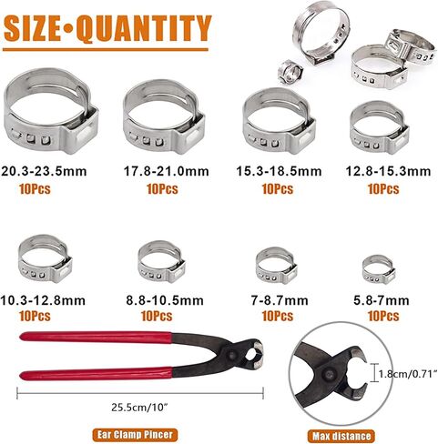 ISPINNER 80 قطعة من مشابك خرطوم الأذن الواحدة مع كماشة، 304 من الفولاذ المقاوم للصدأ 5.8-23.5 مم مجموعة متنوعة من مشابك خرطوم تجعيد لتأمين خراطيم الأنابيب واستخدام السيارات 1/4 بوصة - 15/16 بوصة in Kuwait