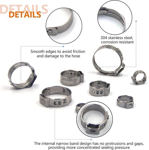 ISPINNER 80 قطعة من مشابك خرطوم الأذن الواحدة مع كماشة، 304 من الفولاذ المقاوم للصدأ 5.8-23.5 مم مجموعة متنوعة من مشابك خرطوم تجعيد لتأمين خراطيم الأنابيب واستخدام السيارات 1/4 بوصة - 15/16 بوصة in Kuwait