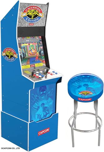 آلة Arcade1Up Street Fighter II Champion Edition Big Blue Cabinet Style Arcade مع 12 لعبة، وتشغيل بدون عملة معدنية، وشاشة مضيئة، وواي فاي، ومقعد in Kuwait