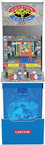 آلة Arcade1Up Street Fighter II Champion Edition Big Blue Cabinet Style Arcade مع 12 لعبة، وتشغيل بدون عملة معدنية، وشاشة مضيئة، وواي فاي، ومقعد in Kuwait