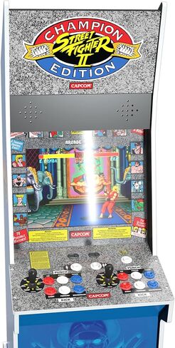 آلة Arcade1Up Street Fighter II Champion Edition Big Blue Cabinet Style Arcade مع 12 لعبة، وتشغيل بدون عملة معدنية، وشاشة مضيئة، وواي فاي، ومقعد in Kuwait