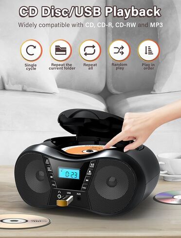 Boombox Portable CD Players for Home with Bluetooth, FM Radio and Boom Box Combo, Stereo Sound, AC/Battery Powered, CD-R/RW/WMA and MP3 Compatible, Support AUX/USB/Headphone, Sleep Timer, Repeatable in Saudi Arabia