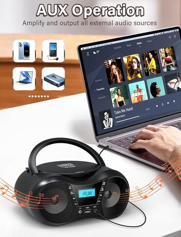 Boombox Portable CD Players for Home with Bluetooth, FM Radio and Boom Box Combo, Stereo Sound, AC/Battery Powered, CD-R/RW/WMA and MP3 Compatible, Support AUX/USB/Headphone, Sleep Timer, Repeatable in Saudi Arabia