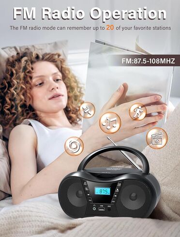 Boombox Portable CD Players for Home with Bluetooth, FM Radio and Boom Box Combo, Stereo Sound, AC/Battery Powered, CD-R/RW/WMA and MP3 Compatible, Support AUX/USB/Headphone, Sleep Timer, Repeatable in Saudi Arabia