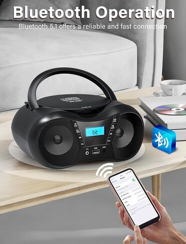 Boombox Portable CD Players for Home with Bluetooth, FM Radio and Boom Box Combo, Stereo Sound, AC/Battery Powered, CD-R/RW/WMA and MP3 Compatible, Support AUX/USB/Headphone, Sleep Timer, Repeatable in Saudi Arabia