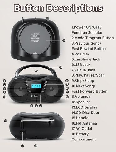 Boombox Portable CD Players for Home with Bluetooth, FM Radio and Boom Box Combo, Stereo Sound, AC/Battery Powered, CD-R/RW/WMA and MP3 Compatible, Support AUX/USB/Headphone, Sleep Timer, Repeatable in Saudi Arabia