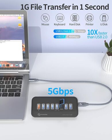 محور USB 3.0 من PHIXERO، محور منفذ USB بسرعة 5 جيجابت في الثانية مع كابل زاوية يمين USB A إلى C بطول 3.3 قدم، موزع USB محمول، محور USB للكمبيوتر المحمول، الكمبيوتر الشخصي، iMac، MacBook، Playstation، Xbox (8 منافذ (7 * USB-A، 1 * الشحن) 0.5 م) in Saudi Arabia