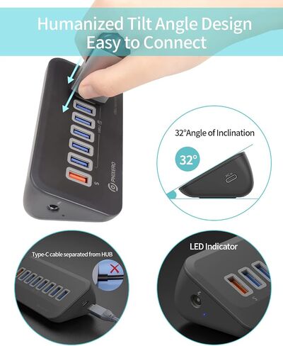 محور USB 3.0 من PHIXERO، محور منفذ USB بسرعة 5 جيجابت في الثانية مع كابل زاوية يمين USB A إلى C بطول 3.3 قدم، موزع USB محمول، محور USB للكمبيوتر المحمول، الكمبيوتر الشخصي، iMac، MacBook، Playstation، Xbox (8 منافذ (7 * USB-A، 1 * الشحن) 0.5 م) in Saudi Arabia