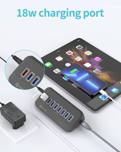 محور USB 3.0 من PHIXERO، محور منفذ USB بسرعة 5 جيجابت في الثانية مع كابل زاوية يمين USB A إلى C بطول 3.3 قدم، موزع USB محمول، محور USB للكمبيوتر المحمول، الكمبيوتر الشخصي، iMac، MacBook، Playstation، Xbox (8 منافذ (7 * USB-A، 1 * الشحن) 0.5 م) in Saudi Arabia