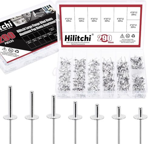 Hilitchi 60Pcs 3/16" x 1/2"- M4.8 x 13 x 16 Aluminum Pop Rivets, Large Flange Aluminum Blind Rivets, Large Head Tri-Fold Exploding Aluminum Mandrel Pop Rivets Tools in Saudi Arabia