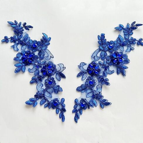 Fine Lace Fabric Patches Embroidered Rhinestones Trim Applique Decor Dress Decoration sew on Sequins Beads Accessory one Pair (deeppurple) in Kuwait