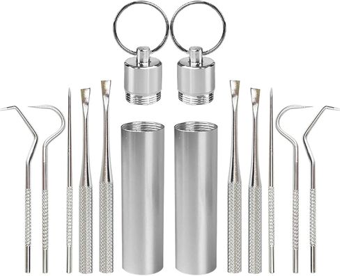 5 قطع 2 مجموعة من أعواد الأسنان المصنوعة من الفولاذ المقاوم للصدأ، أعواد أسنان معدنية محمولة قابلة لإعادة الاستخدام وحامل أعواد أسنان، متعددة الأشكال لإزالة أعواد الأسنان المعدنية، مثالية للنزهات الخارجية والتخييم والسفر in Kuwait