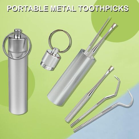 5 قطع 2 مجموعة من أعواد الأسنان المصنوعة من الفولاذ المقاوم للصدأ، أعواد أسنان معدنية محمولة قابلة لإعادة الاستخدام وحامل أعواد أسنان، متعددة الأشكال لإزالة أعواد الأسنان المعدنية، مثالية للنزهات الخارجية والتخييم والسفر in Kuwait