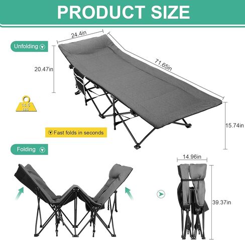 LIANTRAL Camping Cot for Adults with Cushion and Pillow, Portable Folding Bed for Sleeping, Supports 500 lbs, Lightweight Camping Cots for Outdoor Travel Camp Beach Vacation (Grey) in Kuwait
