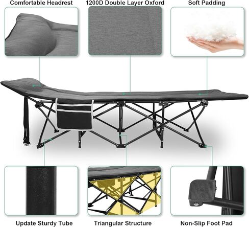 LIANTRAL Camping Cot for Adults with Cushion and Pillow, Portable Folding Bed for Sleeping, Supports 500 lbs, Lightweight Camping Cots for Outdoor Travel Camp Beach Vacation (Grey) in Kuwait