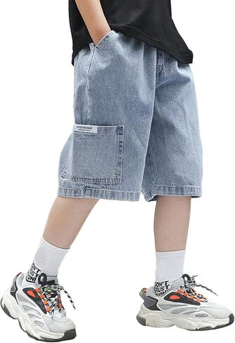 Verdusa Boy's Elastic Waist Wide Leg Casual Loose Denim Shorts with Pockets in Saudi Arabia