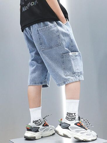 Verdusa Boy's Elastic Waist Wide Leg Casual Loose Denim Shorts with Pockets in Saudi Arabia