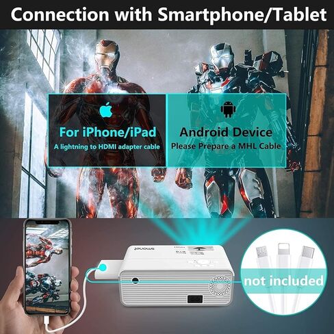 جهاز عرض صغير، جهاز عرض أفلام SMONET 1080P 4K 7500L جهاز عرض تلفزيوني منزلي جهاز عرض تلفزيوني صغير محمول في الهواء الطلق جدار داخلي متوافق مع أجهزة الكمبيوتر المحمولة TV Stick PC PS5 HDMI USB in Kuwait