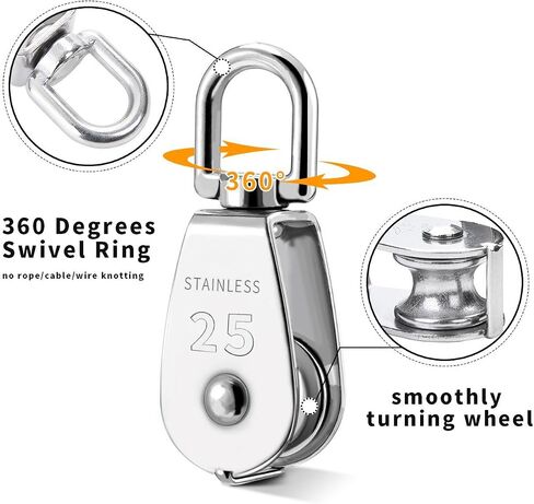 Davias 2Pcs 25MM Single Pulley Block in 304 Stainless Steel M25 Pulley Roller Loading 400kg - Silver in Saudi Arabia