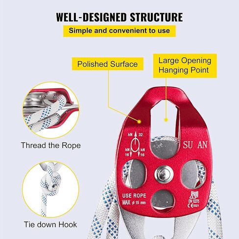 VEVOR Twin Sheave Block and Tackle 7/16-1/2 Inch 100-200 Feet Twin Sheave Block with Braid Rope 30-35KN 6600-7700LBS Double Pulley Rigging for Rescue Tree Climbing in Saudi Arabia
