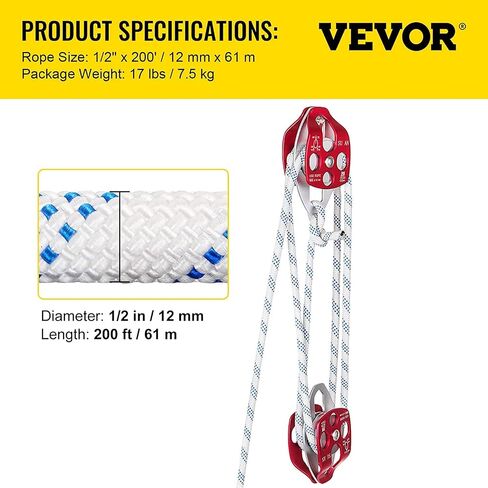VEVOR Twin Sheave Block and Tackle 7/16-1/2 Inch 100-200 Feet Twin Sheave Block with Braid Rope 30-35KN 6600-7700LBS Double Pulley Rigging for Rescue Tree Climbing in Saudi Arabia