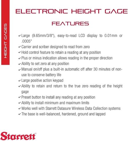 مقياس الارتفاع الرقمي الإلكتروني Starrett، مخرج SPC مع خطاط - نطاق 0-24 بوصة (0-600 مم)، دقة 0005 بوصة (0.01 مم)، تشغيل/إيقاف يدوي، شاشة LCD كبيرة - 3754-24/600 in Saudi Arabia
